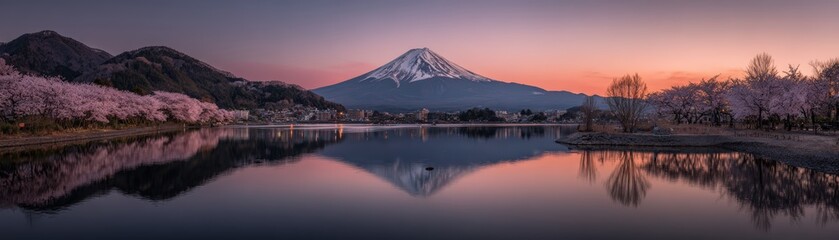 Fototapeta premium Breathtaking mountain landscape with snow capped peak reflecting in calm lake du sunset