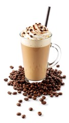 A glass iced coffee drink with whipped cream