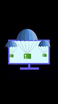 Vertical video showing computer upload concept with animated parachutes and arrows. Computer upload concept depicted with parachutes and upward arrow symbols animation.