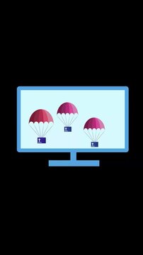 Parachutes and upward arrows animation representing computer upload vertical video. Animated parachutes landing on a computer screen illustrating data transfer and digital concepts.