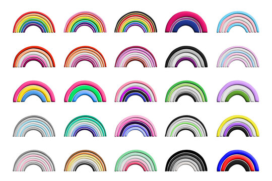 Set of colorful 3d LGBTQ+ pride flag rainbows Gender equality and sexual identity pride flags collection LGBTQIA community pride month
