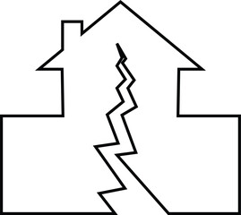 Earthquake houses collapse icon , black solid and outline vector of damaged skyscrapers, cracked ground, shaking effect, seismic disaster, destruction, emergency alert and safety awareness symbol