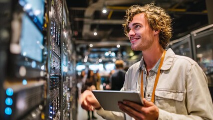 Young man working in a modern big data center, configuring server racks while holding a tablet and checking network systems. - Powered by Adobe