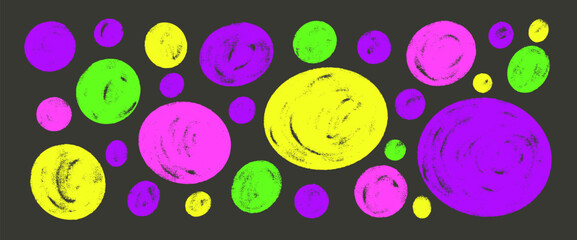 Fototapeta premium Circle blobs colorful neon callout set. Polka dots marker stencils shapes pack. Vector hand drawn kids ellipse and round note stickers figures collection illustration isolated on black background.