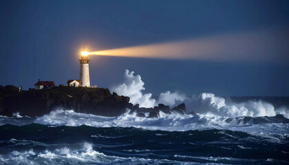 lighthouse at night with dramatic seascape crashing waves and lighthouse beacon on stormy coast