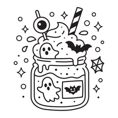 Spooky Snacks Coloring Page &ndash; Cute Halloween Milkshake Jar with Ghosts, Bat and Eyeball, Black and White Line Art