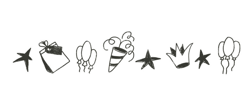 Happy birthday party doodle drawn set. Celebration Bday hand drawn signs isolated on white background. Gift, confetti firecracker and crown with balloons for festive vector elements illustration.