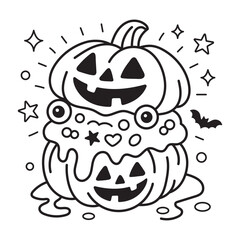 Spooky Snacks Coloring Page &ndash; Cute Halloween Pumpkin Dessert with Jack O Lantern Faces and Candy, Black and White Line Art
