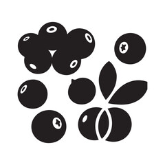 A black silhouette set of cranberries in varied poses clustered, scattered, with leaves white Background. 