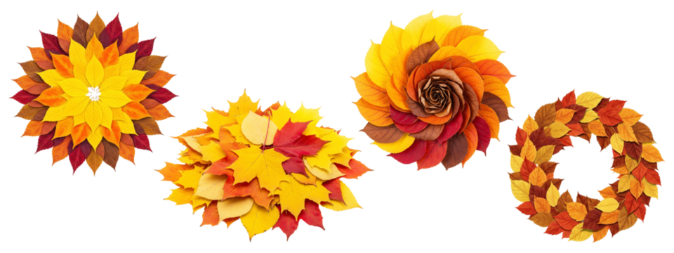 Artistic arrangements of autumn leaves, including a mandala, spiral, and wreath. Isolated fall design elements