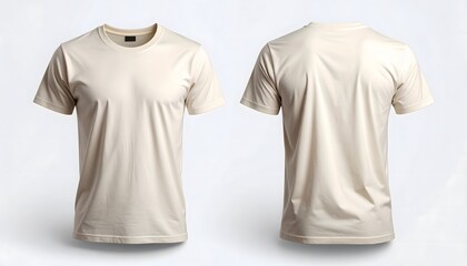 Plain beige short sleeve T-shirt with round neckline and basic fit shown from front and back for casualwear isolated on white background