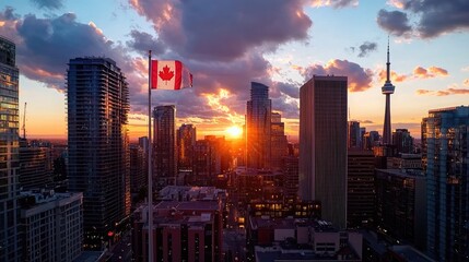 Fototapeta premium Breathtaking Sunset Over Urban Skyline with Canadian Flag, Modern Buildings and Tower in Cityscape View