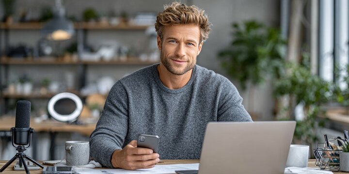 Young caucasian male using smartphone and laptop in modern home office