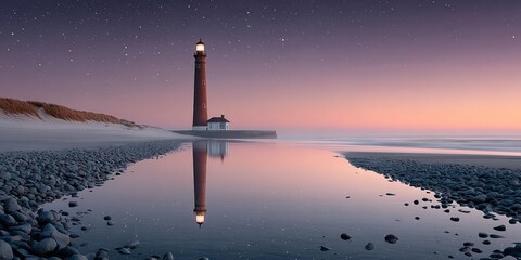 Serene sunset by lighthouse with ocean reflection and starry sky