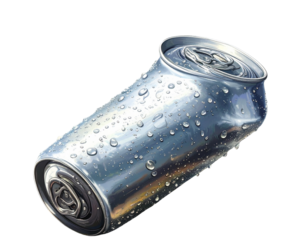 Tilted Aluminum Can with Water Droplets, 3D Render Top Perspective Isolated