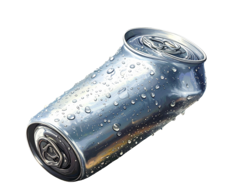 Tilted Aluminum Can with Water Droplets, 3D Render Top Perspective Isolated