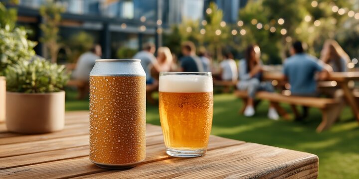 Chilled beer can and glass on wooden table in outdoor garden setting