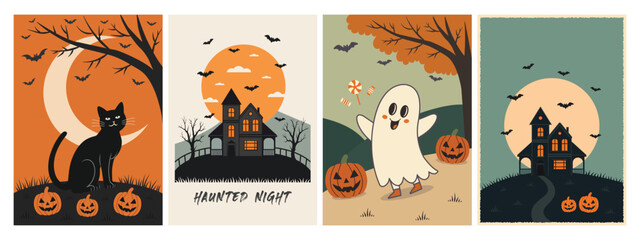 spooky halloween illustration set with haunted house black cat ghost pumpkins bats and full moon in vintage flat cartoon style perfect for posters invitations and decorations