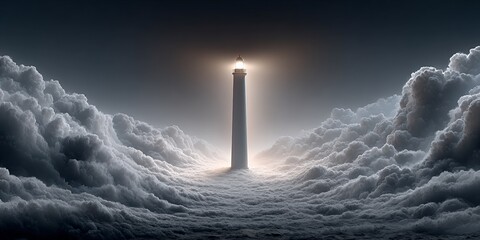 Illuminated lighthouse rising above dramatic cloudscape in mystical atmosphere
