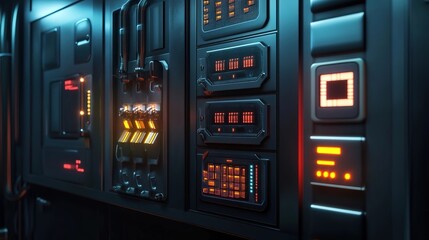 Futuristic control panel with glowing orange displays
