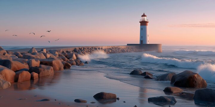 Serene coastal lighthouse at sunset with waves and seagulls