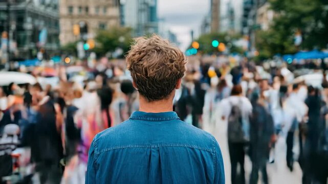 Time-lapse of a bustling city scene with a man standing back to the camera, observing the fast-moving crowd in the urban center.