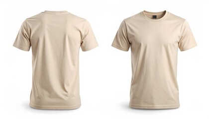 Plain beige casual short sleeve T-shirt empty front and back view for men or women comfortable basic clothing basic apparel versatile everyday wear