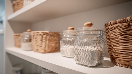 Fototapeta premium Accessible storage solutions with woven baskets and glass jars on a clean organized white shelf in modern home decor