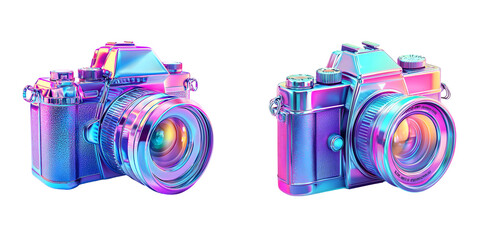 Vibrant holographic 3D camera icon with a modern iridescent finish isolated on a transparent background