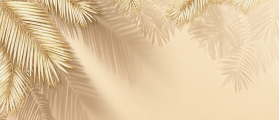 Elegant beige background with soft shadows and tropical palm leaves for summer and nature themes