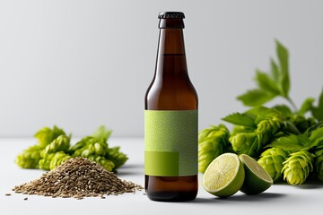 Craft beer bottle with lime, hops, and barley on white background