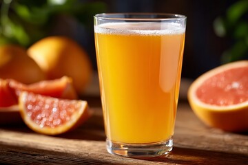 Fresh grapefruit juice in glass with sliced citrus on wooden table