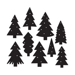 A set of Black Christmas tree silhouette on white Background. 