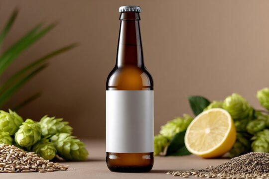 Craft beer bottle with blank label surrounded by hops, lemon, and barley