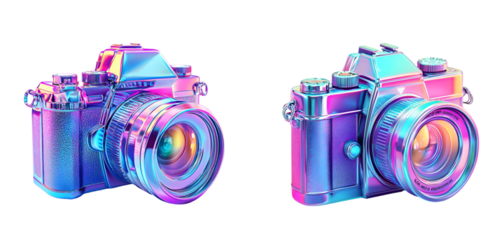 Vibrant holographic 3D camera icon with a modern iridescent finish isolated on a transparent background