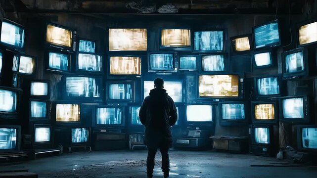 A man stands in a dimly lit room surrounded by numerous old televisions displaying static and glitch effects