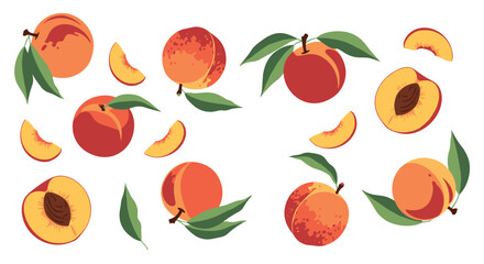Obraz premium Juicy, ripe peaches and slices with fresh green leaves, vibrant summer fruit illustration