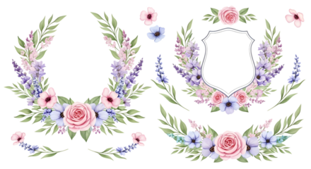 Delicate Watercolor Floral Frames and Elements for Wedding Invitations and Greeting Cards, Ideal for Decorative Design Projects and Celebratory Artwork