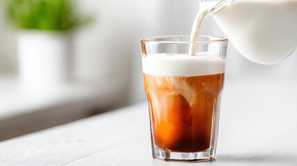 Refreshing cold brew coffee being poured into a clear glass with swirling cream creating a layered effect for a steaming beverage experience