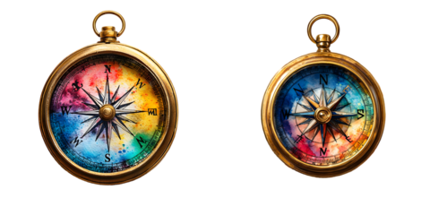 Vintage compass with a colorful dial and intricate watercolor details isolated on a transparent background