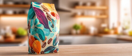 Colorful beverage carton with vibrant leaf and fruit pattern on a wooden surface in a modern kitchen setting