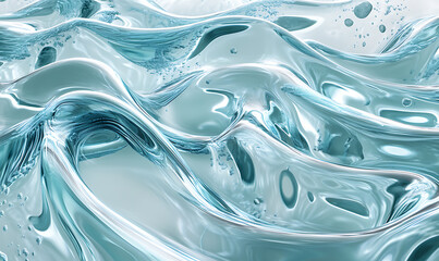 Futuristic Glass and Water Molecular Designs: A Conceptual Exploration of Advanced Skincare and Cosmetic Innovation, Blending Organic Patterns, Bioluminescence, and Minimalist 3D Aesthetics