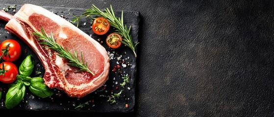 Fresh raw raw meat steak with herbs cherry tomatoes and spices on black textured surface