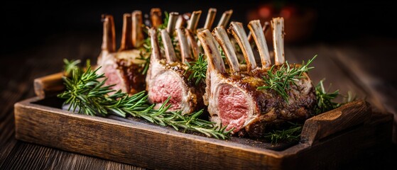 Juicy succulent rack of lamb with herbs and garlic served on a wooden tray for gourmet meal