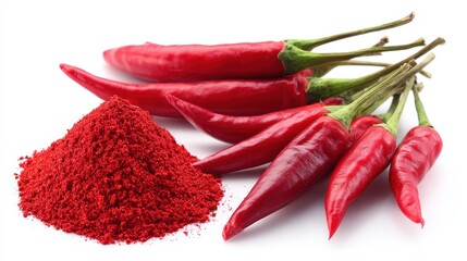 Fresh red chili peppers with vibrant color and texture on white background, spicy ingredients display