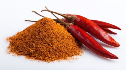 Dried red chili peppers with ground chili powder on white background for cooking and spicy flavor