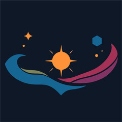 Modern Abstract Vector Illustration of Crescent Moon, Shining Sun, and Stars in Minimal Cosmic Design for Night Sky and Space Art