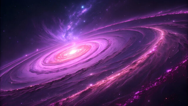 Swirling cosmic nebula with bright pink core and violet gas clouds galaxy space