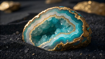 Vibrant turquoise and gold geode crystal formation macro