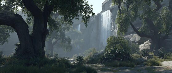 Lush green forest landscape with tall trees dense foliage and gentle waterfall in serene natural setting